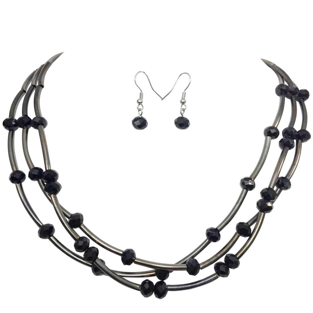 Noodle Tube Black Bead Necklace Earrings Set